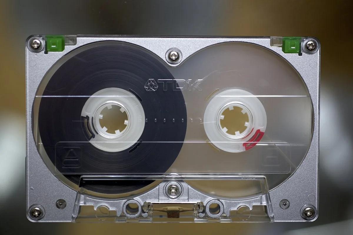 A compact cassette tape seen from above