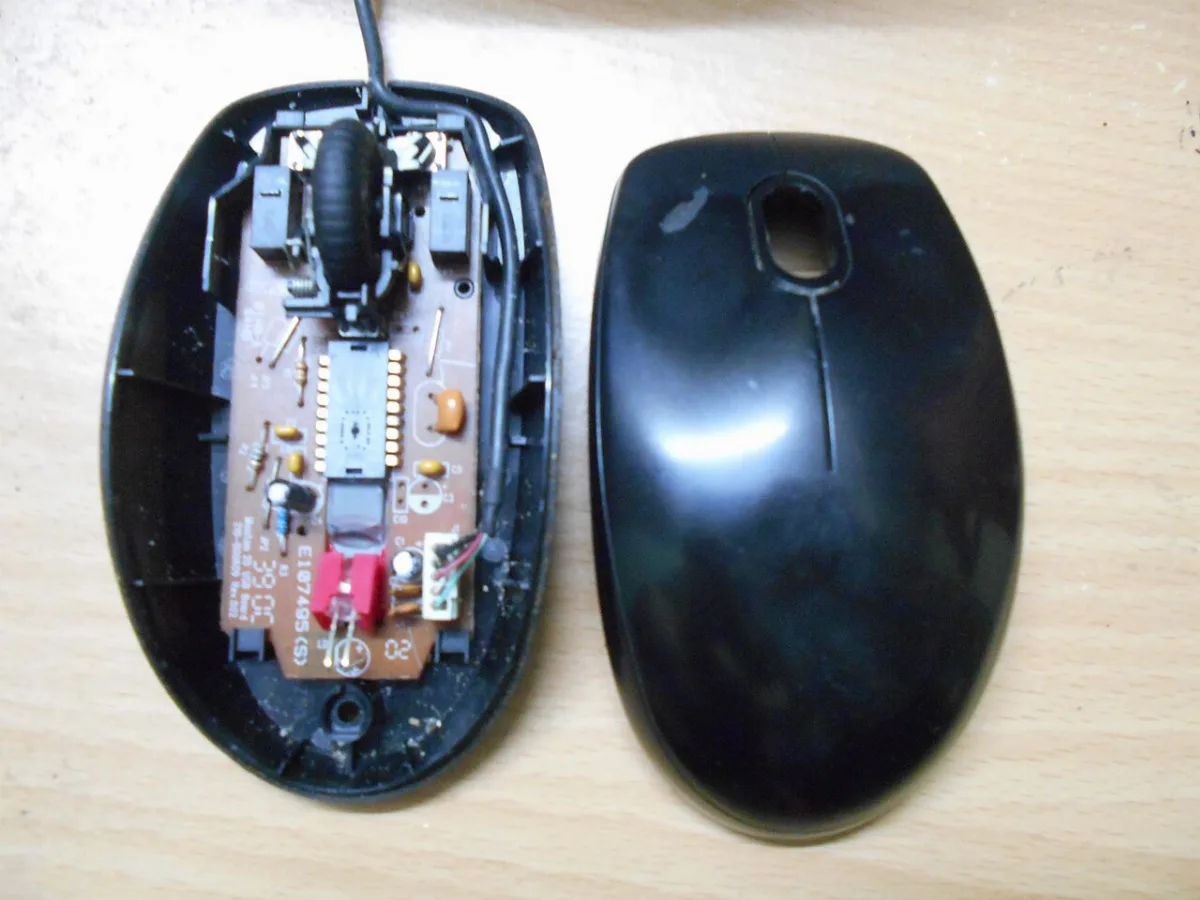 The inside parts of a computer mouse