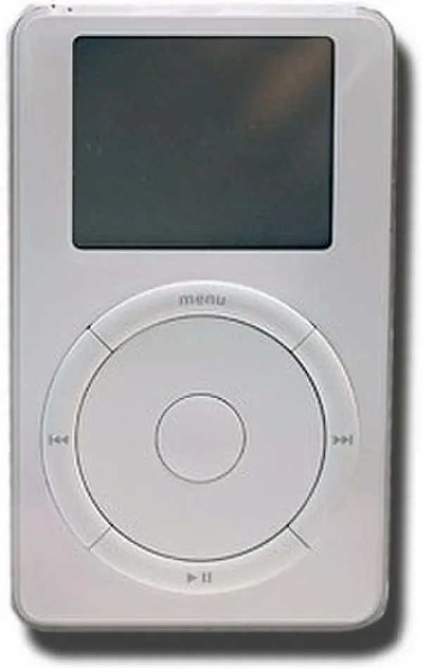 An early white iPod with its scroll wheel and small screen