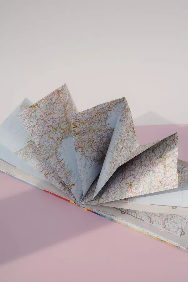 A folded paper map lying flat