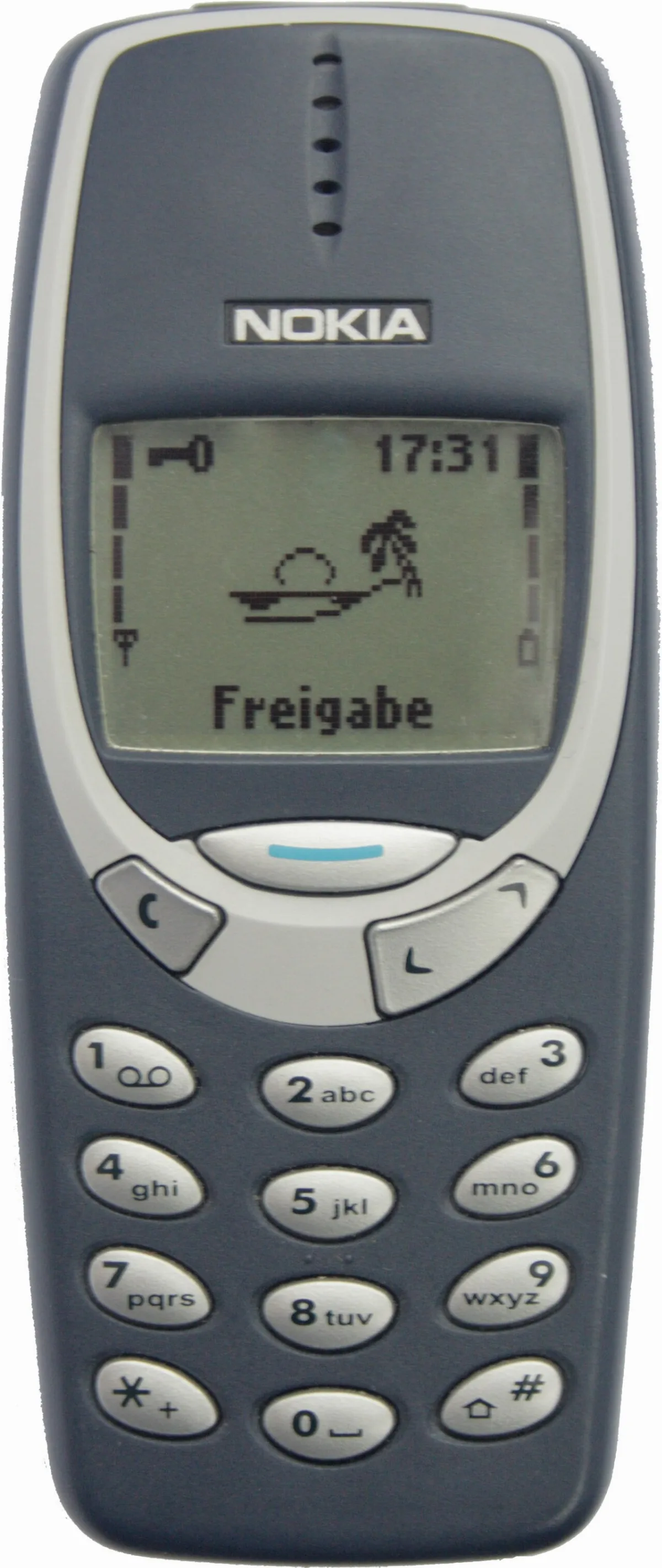 A blue Nokia 3310 mobile phone