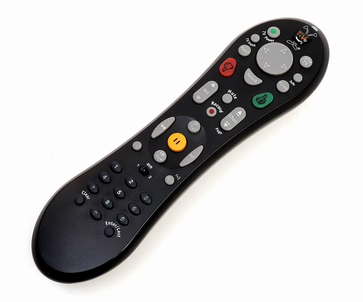 A TiVo remote control with thumbs up and thumbs down buttons