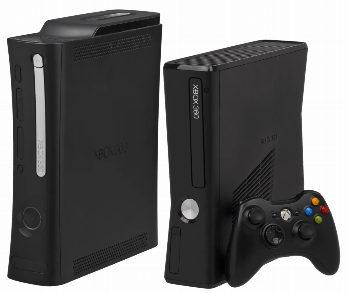 An Xbox 360 Elite and an Xbox 360 S standing side by side with a black controller